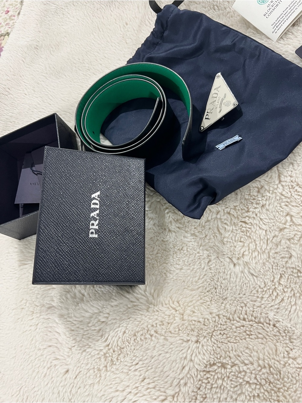 Prada Black and Green Reversible Leather Belt with Triangle Logo